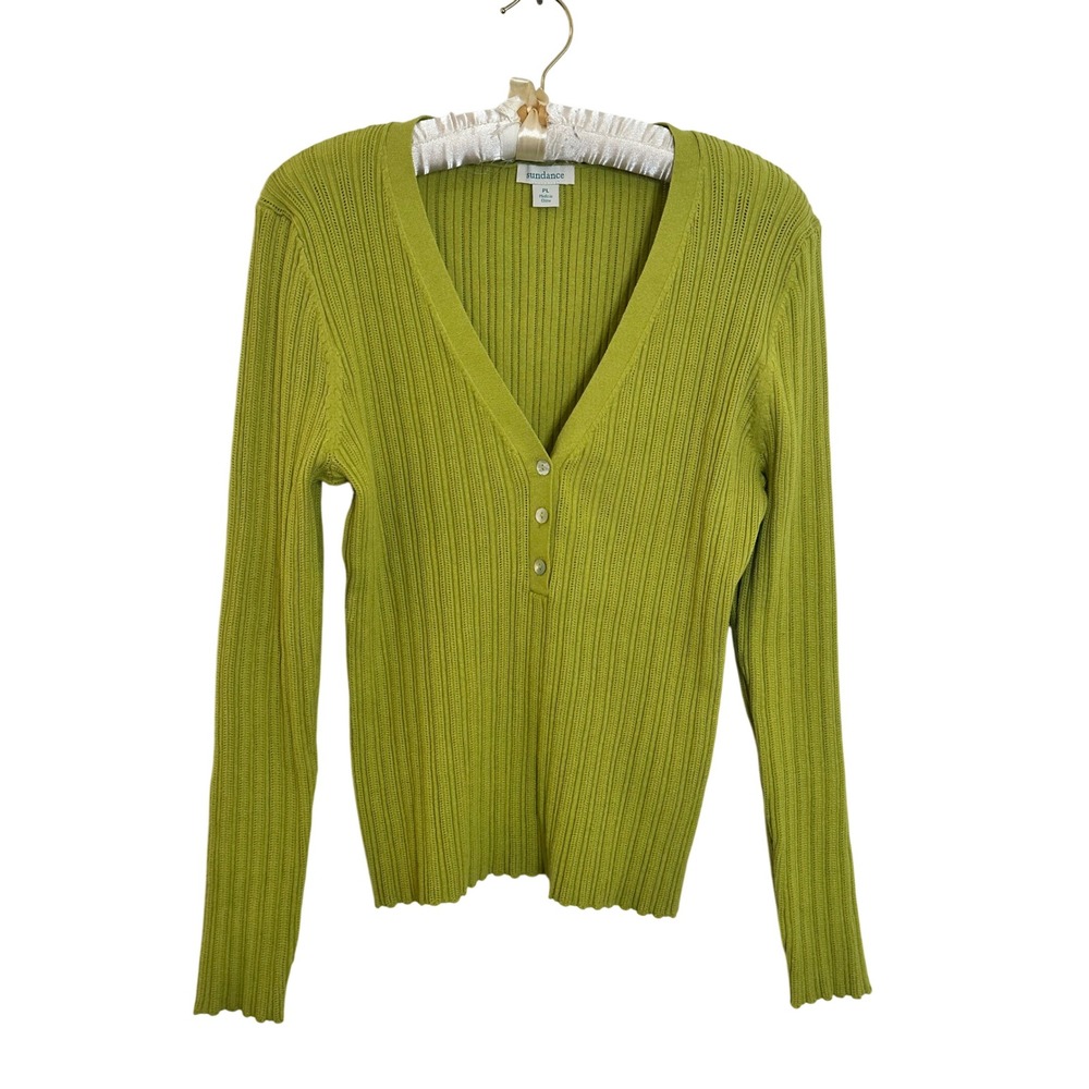 Sundance Petite Henley‎ Ribbed Knit Sweater Size PL Green Organic Cotton FLAW